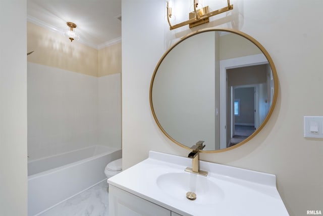 full bathroom with ornamental molding, vanity, toilet, and shower / bathtub combination