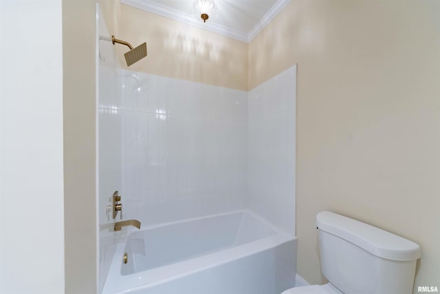 bathroom featuring tiled shower / bath combo, crown molding, and toilet