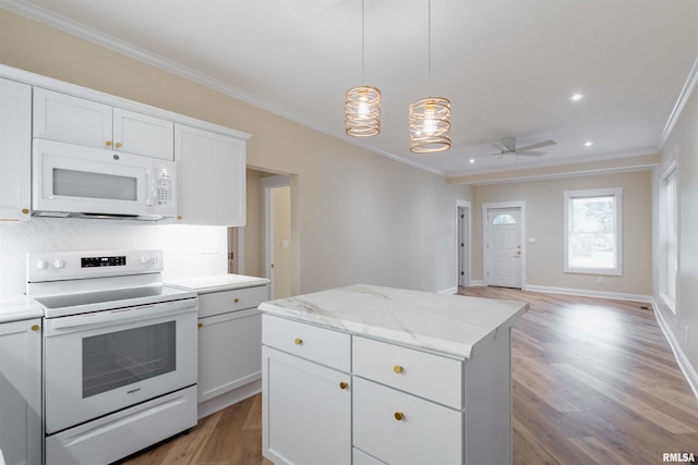 kitchen with white cabinets, light hardwood / wood-style floors, ceiling fan, and range with electric cooktop