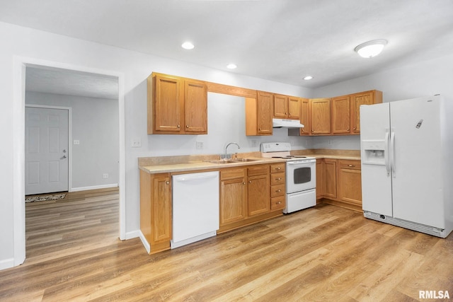 kitchen featuring white appliances, sink, and light hardwood / wood-style flooring