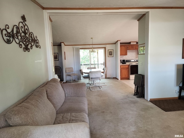 living room with an inviting chandelier, light colored carpet, and crown molding