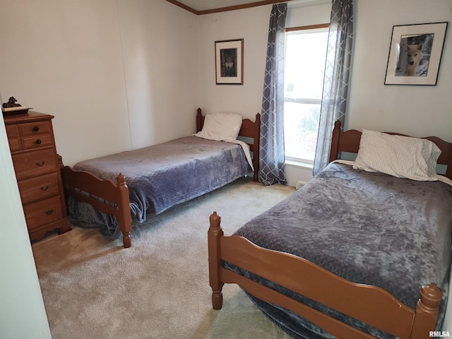 bedroom featuring light colored carpet, crown molding, and multiple windows