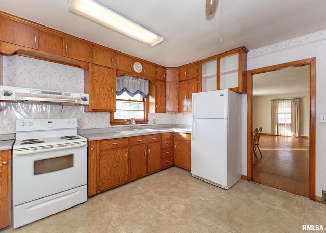 kitchen featuring sink, white appliances, extractor fan, and light hardwood / wood-style floors