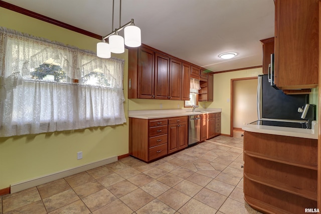 kitchen with dishwasher, sink, crown molding, baseboard heating, and decorative light fixtures