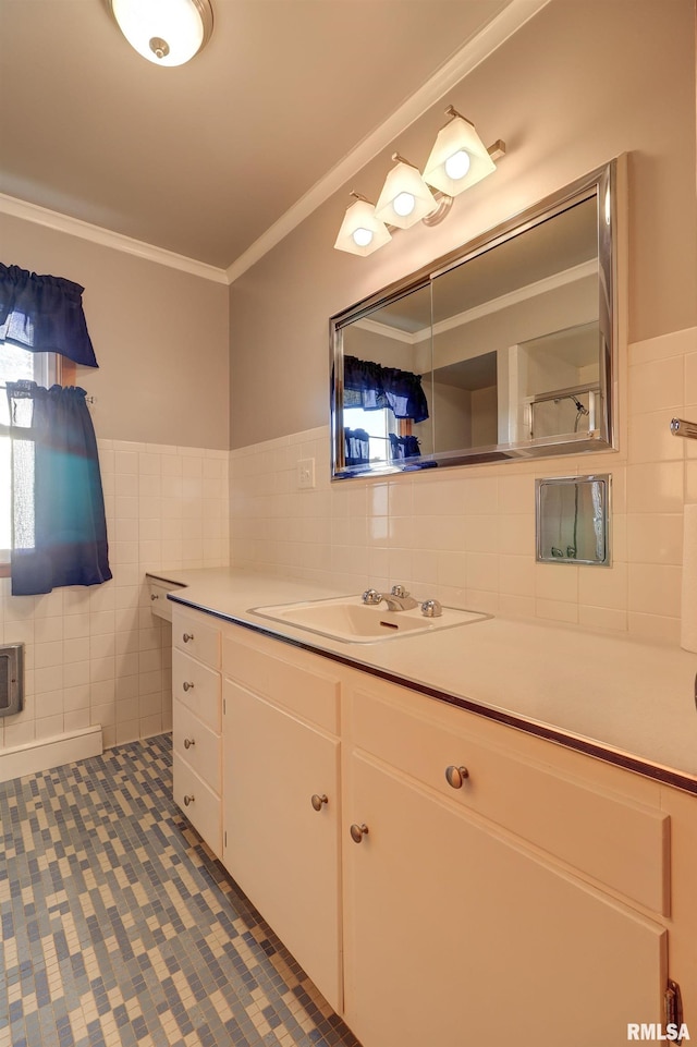 bathroom featuring vanity, tile walls, and ornamental molding