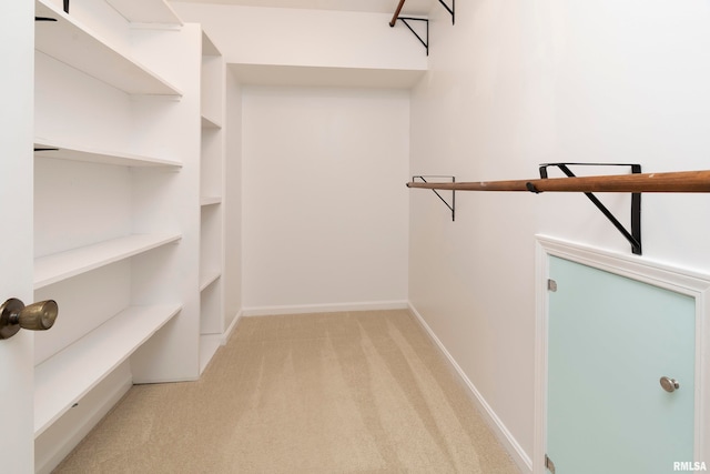 walk in closet with light colored carpet