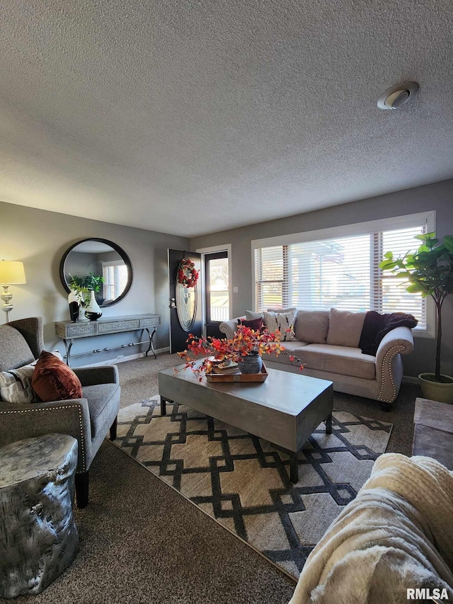 carpeted living room with plenty of natural light and a textured ceiling