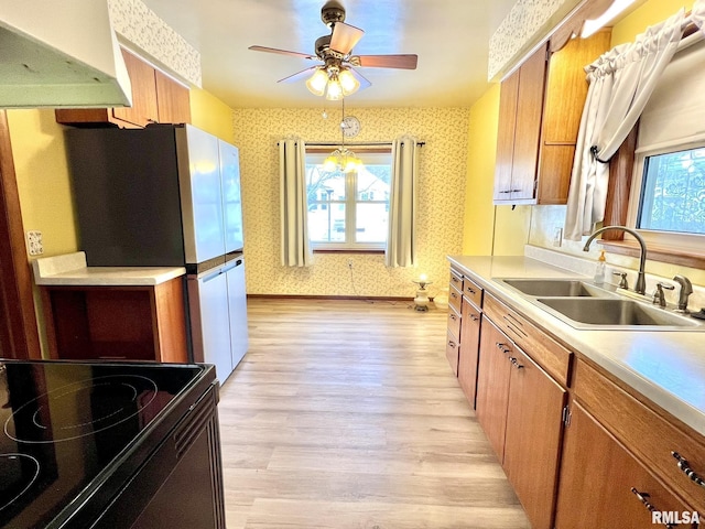 kitchen featuring sink, range with electric cooktop, ventilation hood, a healthy amount of sunlight, and light wood-type flooring