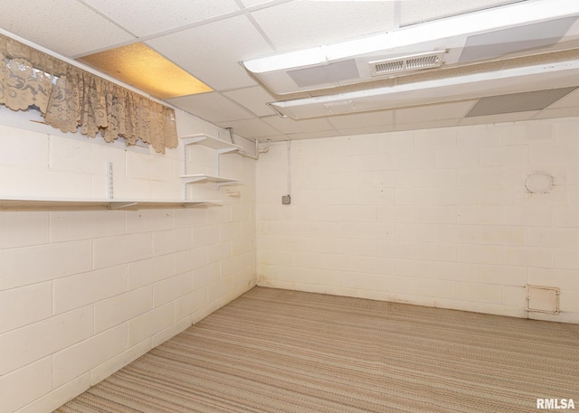 basement with light colored carpet