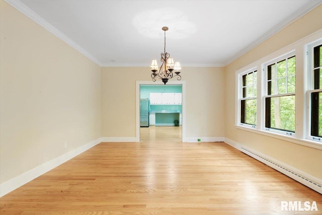 unfurnished room with ornamental molding, an inviting chandelier, light wood-type flooring, and baseboard heating