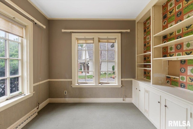 carpeted empty room featuring a baseboard heating unit and a wealth of natural light