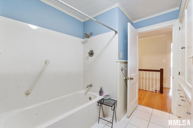 bathroom featuring shower / bathtub combination, ornamental molding, and tile patterned floors