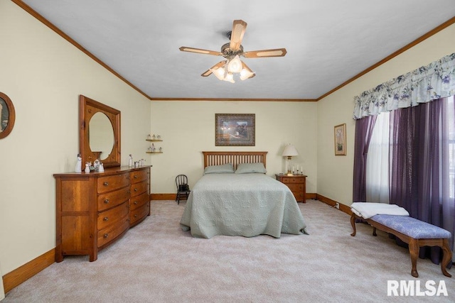 bedroom with crown molding, light carpet, and ceiling fan