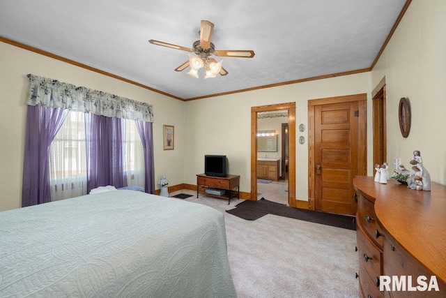 bedroom featuring ornamental molding, light carpet, ceiling fan, and ensuite bathroom