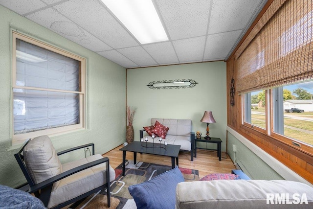 living room with wood-type flooring and a drop ceiling