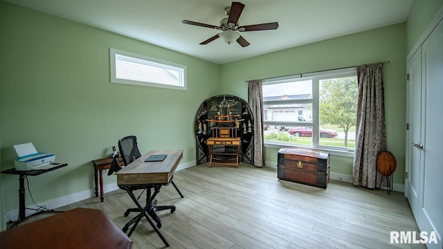 office featuring light hardwood / wood-style floors, ceiling fan, and plenty of natural light