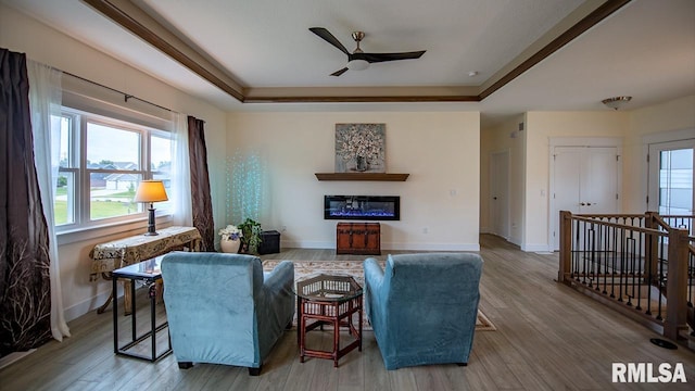 living room with ceiling fan, a tray ceiling, and hardwood / wood-style floors