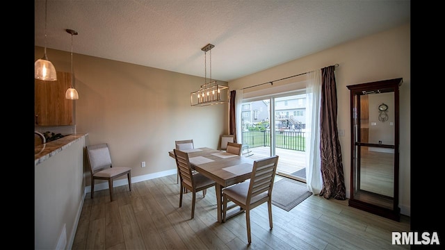 dining space with a textured ceiling and wood-type flooring