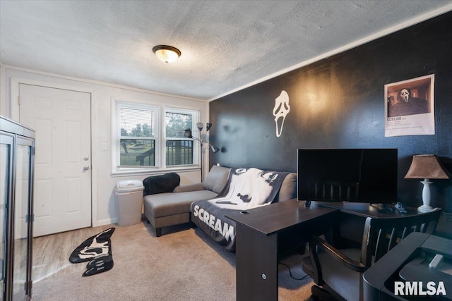 carpeted office featuring a textured ceiling