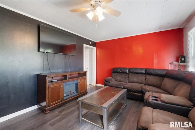 living room with dark hardwood / wood-style floors, ornamental molding, and ceiling fan