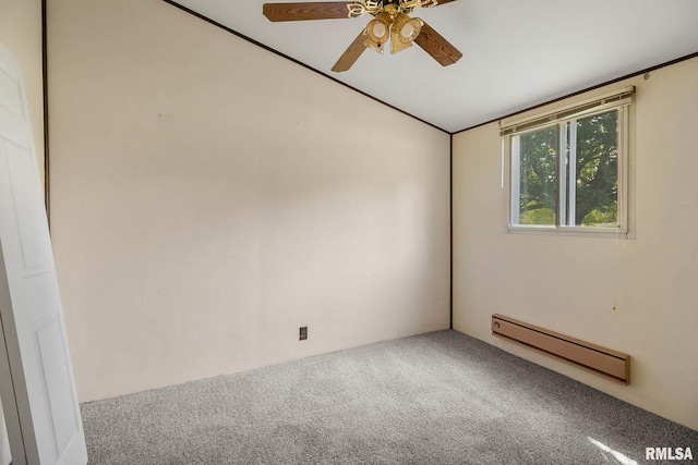 unfurnished room with ceiling fan, baseboard heating, and carpet