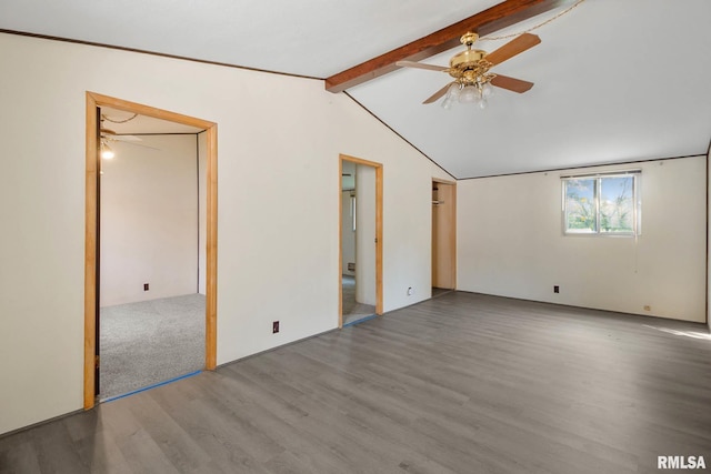 unfurnished bedroom with lofted ceiling with beams, ceiling fan, and hardwood / wood-style floors