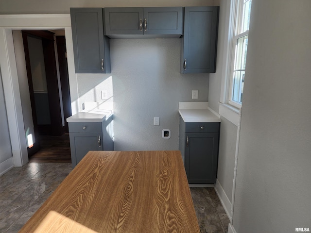 kitchen featuring gray cabinetry and dark hardwood / wood-style flooring