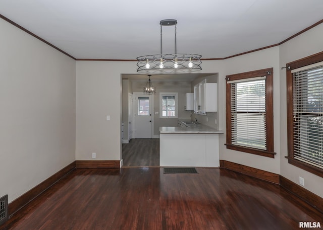 kitchen featuring a wealth of natural light, sink, dark wood-type flooring, and decorative light fixtures