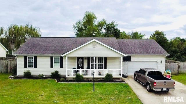 ranch-style house with a front yard, a porch, and a garage