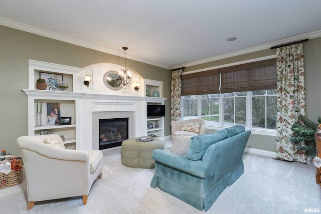 carpeted living room with ornamental molding, a chandelier, and built in features