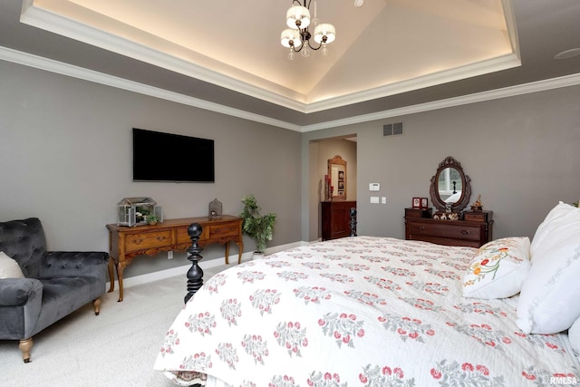 carpeted bedroom featuring an inviting chandelier, crown molding, a tray ceiling, and vaulted ceiling