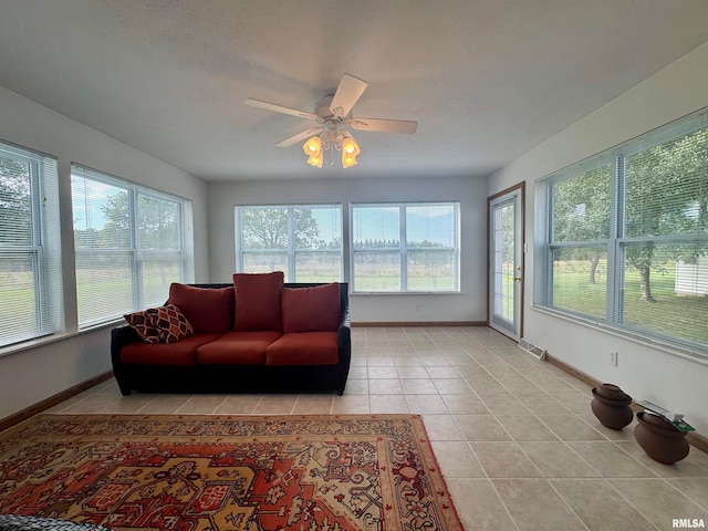 sunroom / solarium featuring ceiling fan and a healthy amount of sunlight