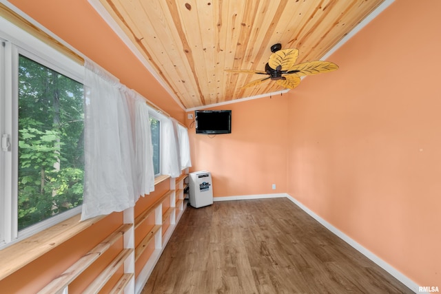 empty room featuring wood ceiling, wood-type flooring, lofted ceiling, and ceiling fan