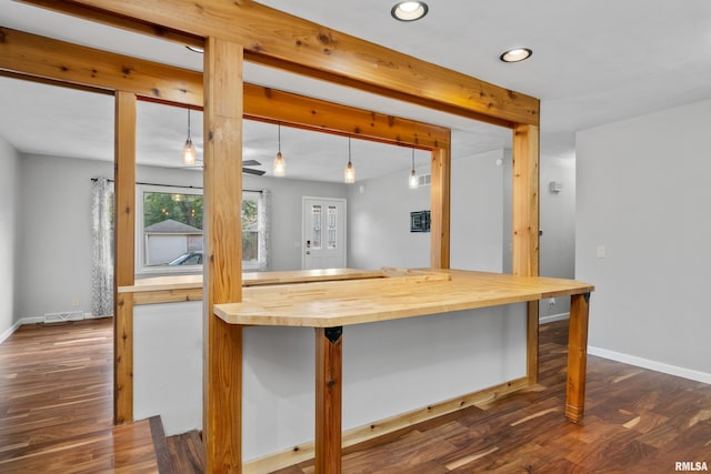 kitchen with hanging light fixtures, dark hardwood / wood-style floors, and wooden counters