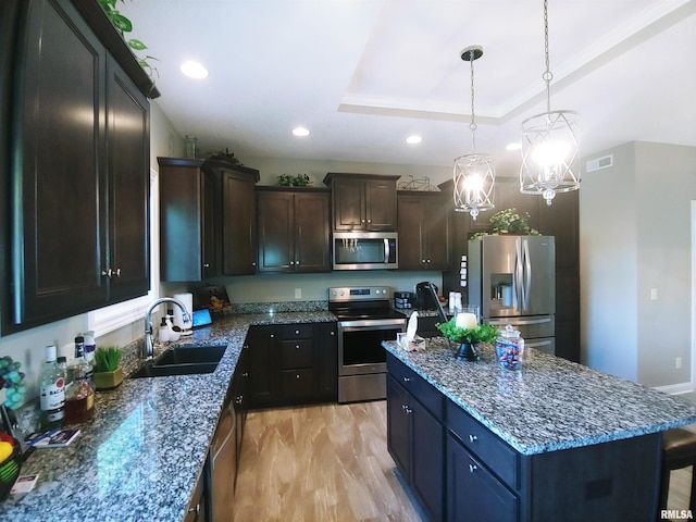 kitchen featuring hanging light fixtures, a kitchen island, sink, a raised ceiling, and appliances with stainless steel finishes