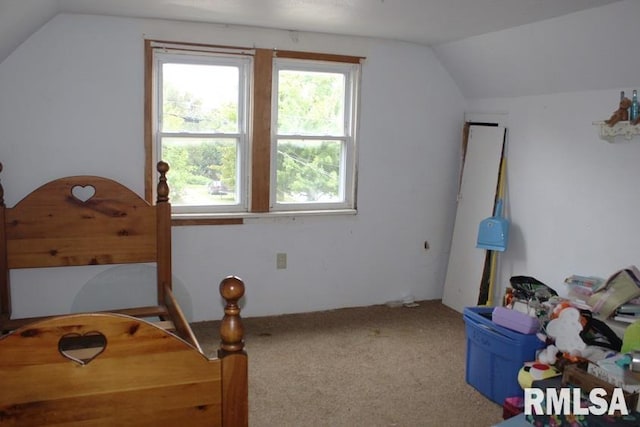 carpeted bedroom with vaulted ceiling