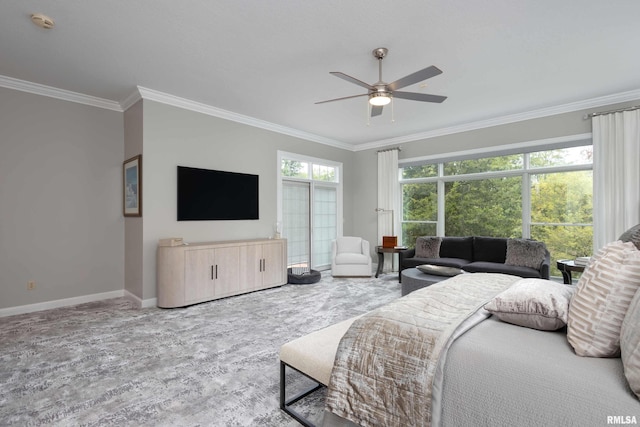 bedroom featuring ceiling fan and crown molding