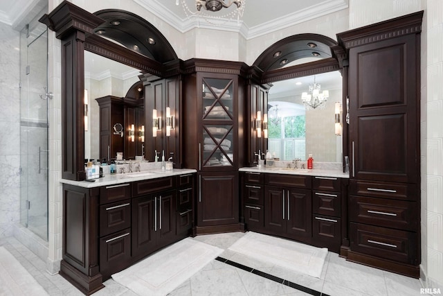 bar with sink and crown molding