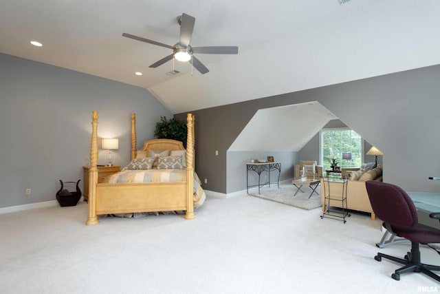 bedroom featuring carpet, vaulted ceiling, and ceiling fan