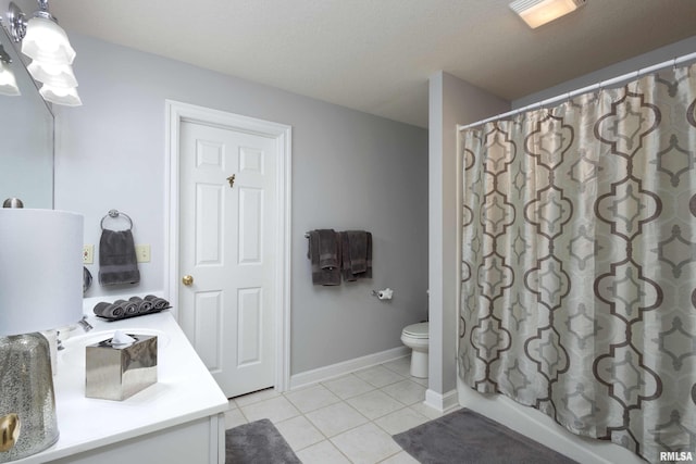 full bathroom featuring vanity, shower / bath combo, a textured ceiling, tile patterned floors, and toilet