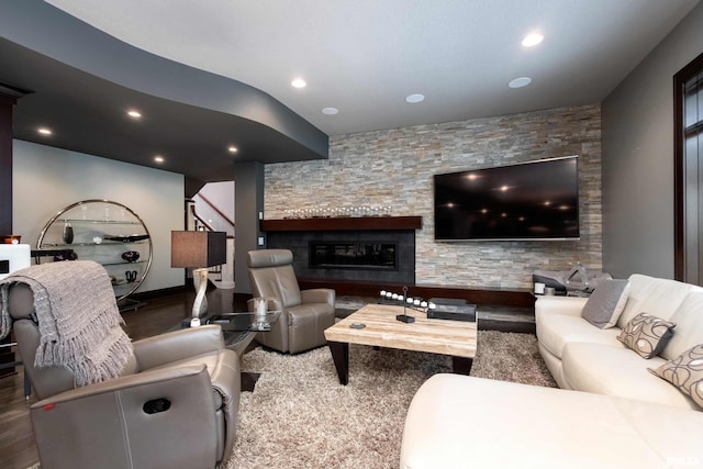 interior space with hardwood / wood-style flooring and a fireplace