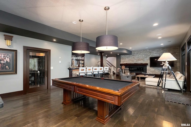 rec room featuring dark wood-type flooring and billiards