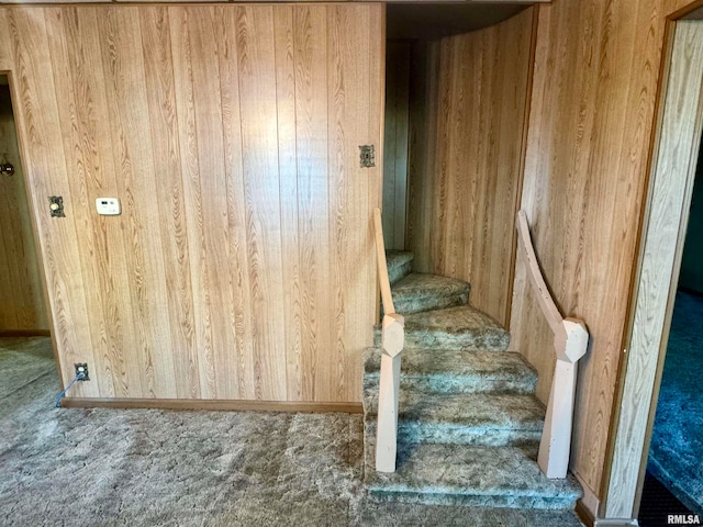 stairs featuring wooden walls