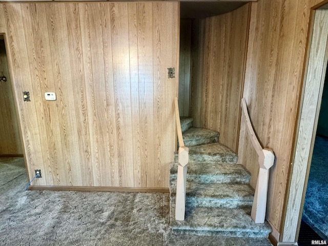 staircase featuring carpet floors and wooden walls