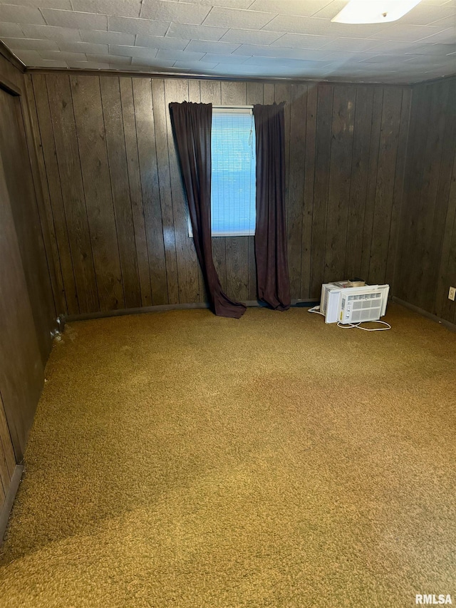 spare room featuring carpet flooring and wood walls