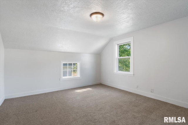 bonus room with a textured ceiling, lofted ceiling, carpet, and a wealth of natural light