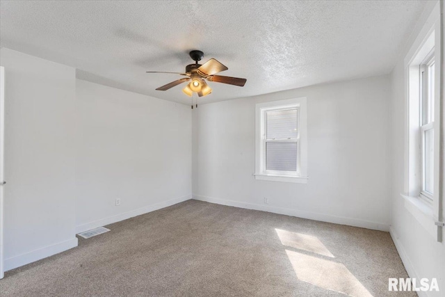 spare room featuring a textured ceiling, plenty of natural light, and carpet flooring