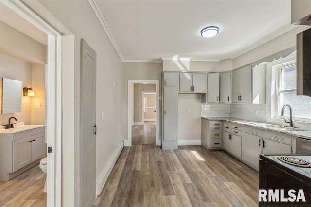 kitchen featuring light stone countertops, light hardwood / wood-style flooring, sink, and tasteful backsplash