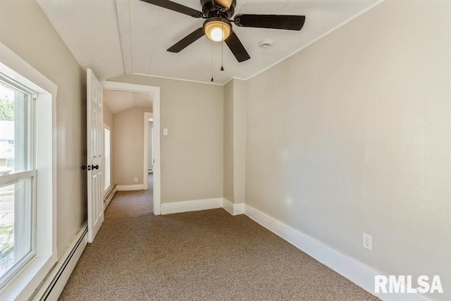 carpeted spare room featuring lofted ceiling, baseboard heating, and ceiling fan