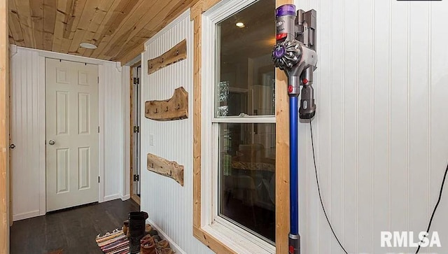 hallway with wood ceiling, wood walls, and dark hardwood / wood-style floors